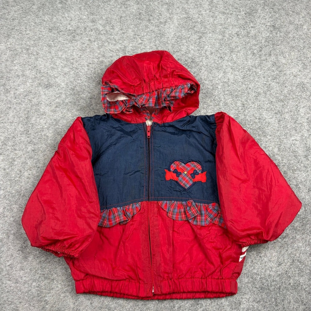 90s Carters Jacket Girls 2T Red Navy Blue Plaid Heart Scottie Dog Ruffle Hooded